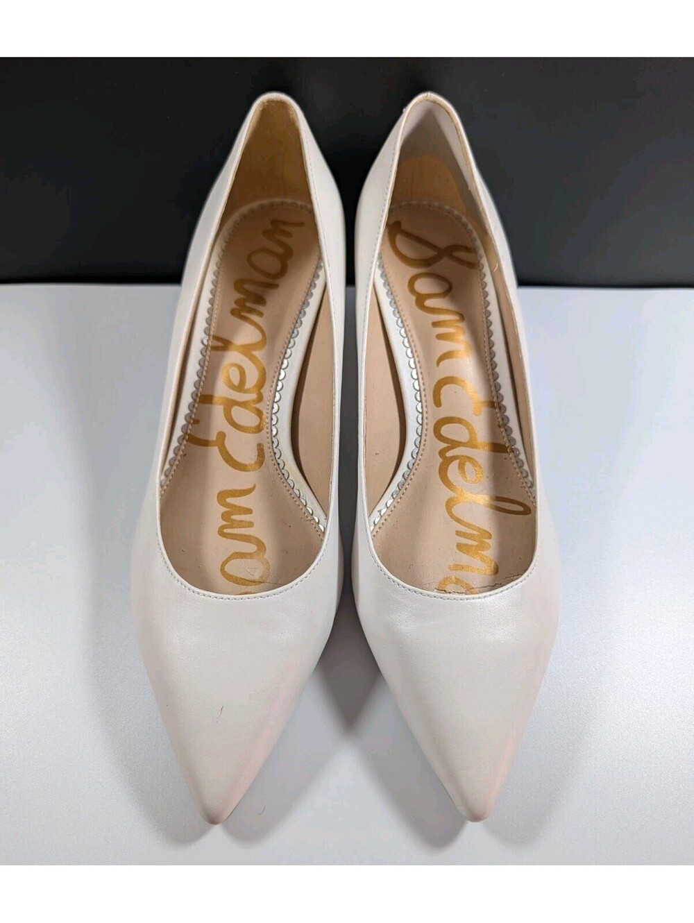 Sam Edelman Womens 9W Ivory Leather Pointed Toe Kitten Heel Pumps Dress Shoes